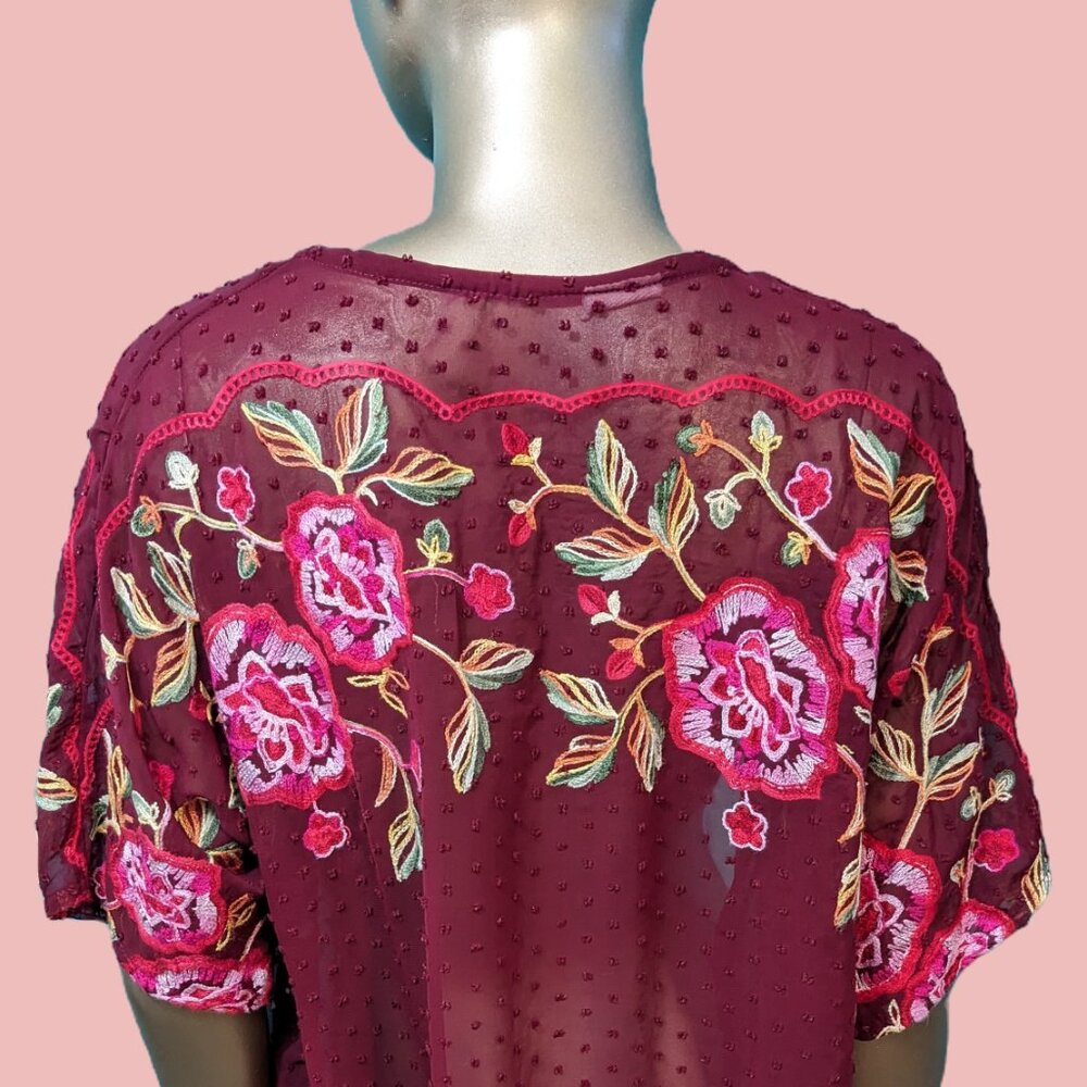 Rosa Jardin Merlot Red Floral Embroidered Kimono Preowned